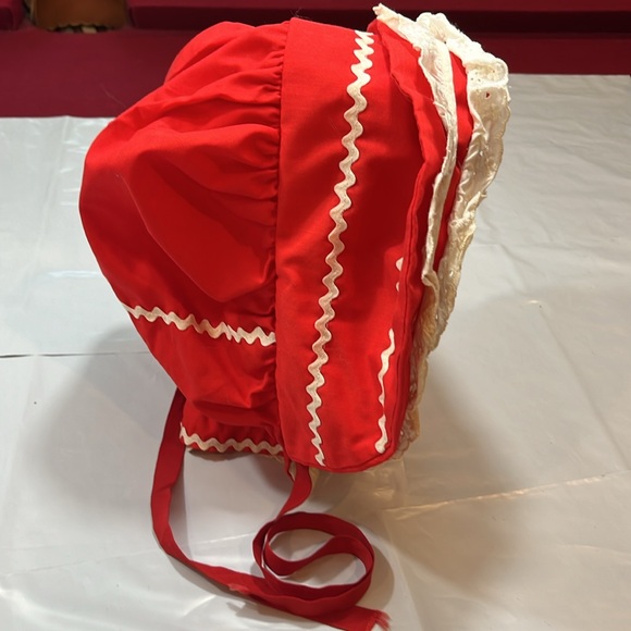 Red Prairie BONNET HAND MADE lace ruffle trim ribbon neck tie costume OS womens - Picture 7 of 13